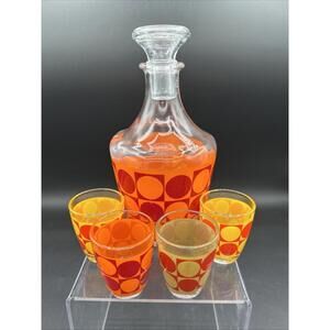 Glass Bar Decanter with Four (4) Shotglasses Checkered And Polka Dot Vtg, Retro